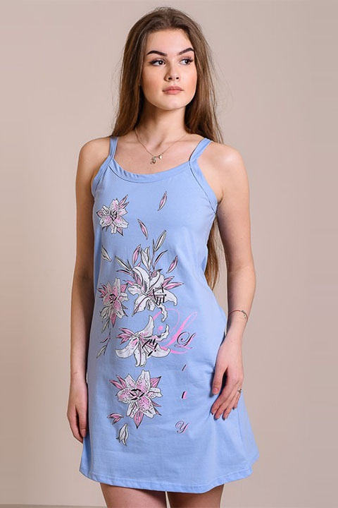 Фото товара 9114, синяя сорочка на бретельках с цветами